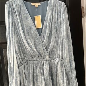 Blue Ruched Long Sleeve Sundress with V-Neck for Casual Wear